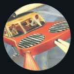 Adesivo Redondo Vintage Science Ficting Carro Voador Futurístico<br><div class="desc">Imagem de vintage: viagem de ficção científica futurista e imagem de transporte. Um casal andando em um carro voador à noite com os faróis acesos. Parece um velho carro da polícia com a luz giratória no topo do telhado. Um clássico design de ficção científica de quadrinhos retrógrados do 50 do...</div>