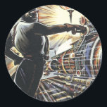 Adesivo Redondo Vintage Science Ficting Máquinas Físicas do Sci Fi<br><div class="desc">Imagem de ficção científica com ilustração em Vintage apresentando uma cena de fabricação futurista com máquinas de direcionar robôs funcionando.</div>