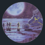 Adesivo Redondo Vintage Science Ficting, Sci Fi Alienígena Moon La<br><div class="desc">Imagem de ficção científica em Vintage com aliens ou astronautas pousando na lua com planeta Terra à distância.</div>