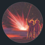 Adesivo Redondo Vintage Science Fiction Alienígena Red Planet Expl<br><div class="desc">Imagem de Vintage,  ilustração futurista Science Fiction com astronautas alienígenas amigáveis acenando. Eles estão em um planeta ou lua vermelho com bolas de fogo explosivas que se parecem com fogos de artifício. Um clássico design de quadrinhos retrô 50 de ficção científica.</div>
