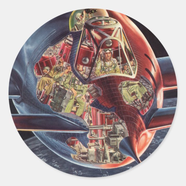 Adesivo Redondo Vintage Science Fiction Astronaut Rocket Spaceship (Frente)