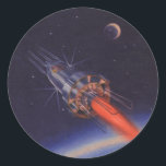 Adesivo Redondo Vintage Science Fiction, Sci Fi Rocket over Earth<br><div class="desc">Imagem de ficção científica com ilustração em Vintage,  com um foguete voando pelo espaço. A nave espacial está orbitando a Terra com a lua à distância.</div>