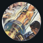 Adesivo Redondo Vintage Science Fiction, Woman Lab Experiment<br><div class="desc">Imagem de ficção científica em Vintage,  mostrando uma mulher em um tubo em um laboratório sendo examinado por cientistas.</div>
