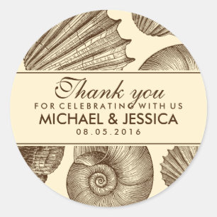 Adesivo Redondo Vintage Seashell Weding Favor Obrigado Sticker