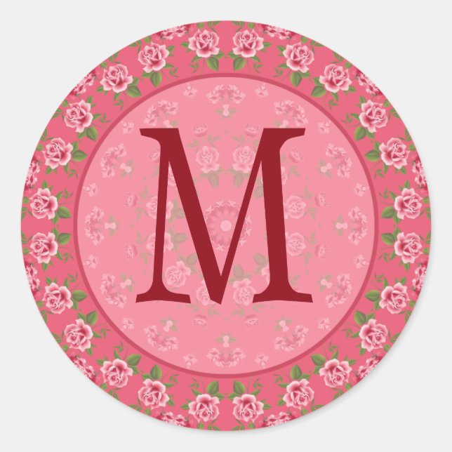 Adesivo Redondo Vintage Shabby Rosa Monograma Sticker (Frente)