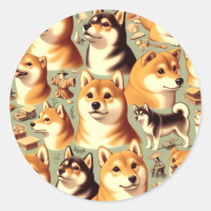 Adesivo Redondo Vintage Shiba Inu - Padrão sem costura