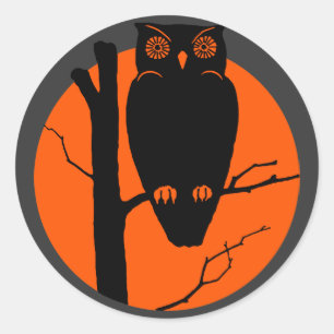 Adesivo Redondo Vintage Silouhette Owl Orange Moon