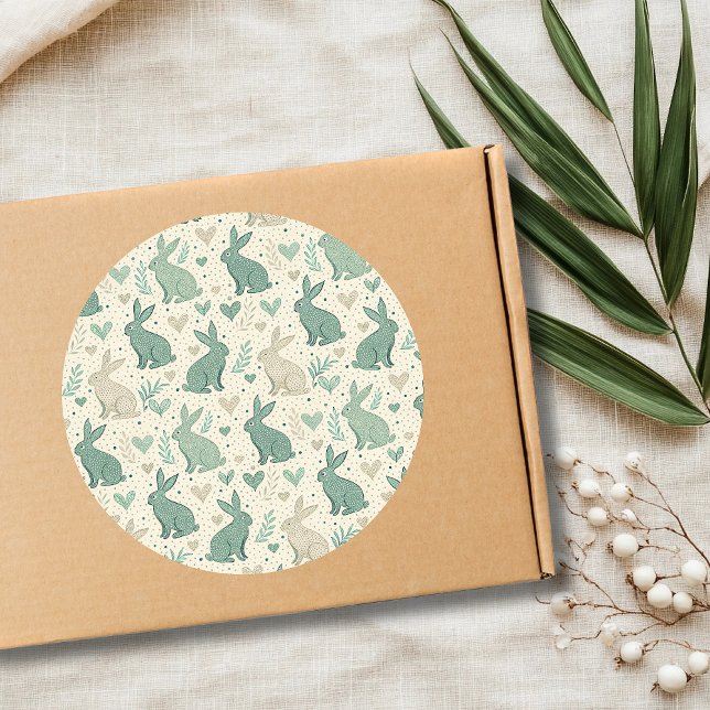 Adesivo Redondo Vintage Simple Bunny Silhouettes Hearts Pattern (Criador carregado)