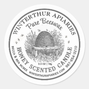 Adesivo Redondo Vintage Skep Pure Beeswax Rótulo da Vela Branca