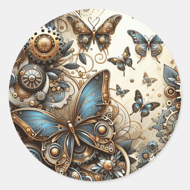 Adesivo Redondo Vintage Steampunk Butterflies