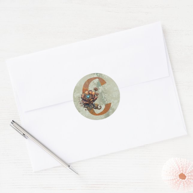 Adesivo Redondo Vintage Steampunk Floral - Letra C (Envelope)
