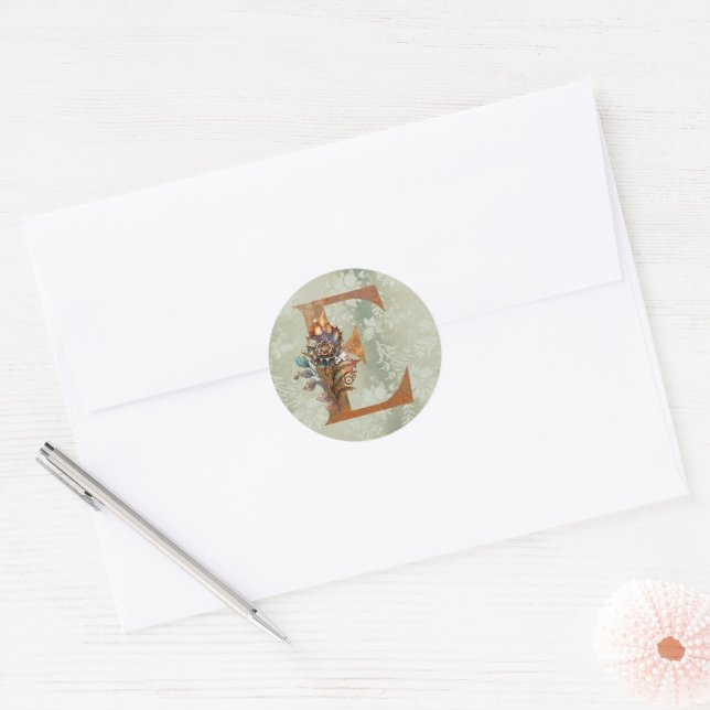 Adesivo Redondo Vintage Steampunk Floral - Letra E (Envelope)