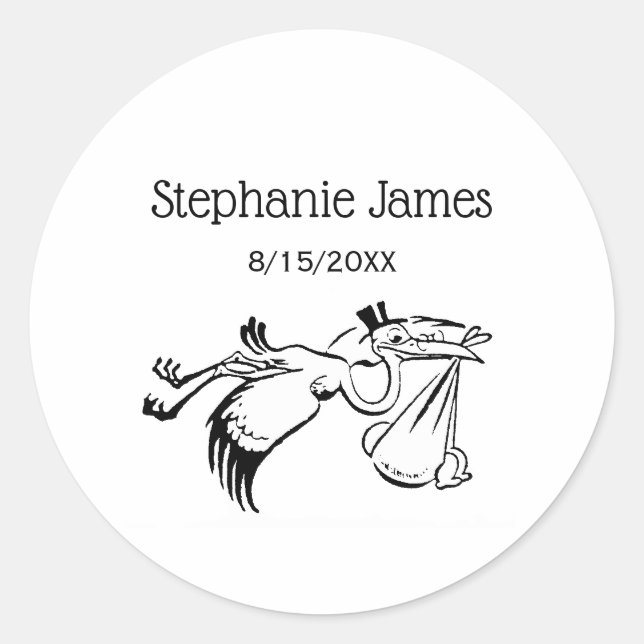 Adesivo Redondo Vintage Stork entregando um bebê #1 (Frente)