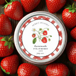 Adesivo Redondo Vintage Strawberry Homemade Mason<br><div class="desc">Tipo de país Marca de framboesa pintada manualmente pela cor de água Strawberry com borda vermelha e branca de gingham. Use para compota caseira ou qualquer coisa que você escolher. Faz presente de excelente. Preencha suas informações no rótulo e aproveite.</div>