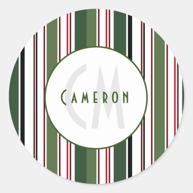 Adesivo Redondo Vintage Stripes Simples Monograma Branco Verde (Frente)