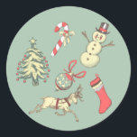 Adesivo Redondo Vintage Style Christmas<br><div class="desc">Este é um padrão típico do Natal inspirado na arte do estilo vintage! Uma rena, boneco de neve, árvore de Natal, cana-de-açúcar, estocagem de Natal e ornamento de árvores são apresentados. Mostre sua alegria de Natal com esta design festiva!</div>