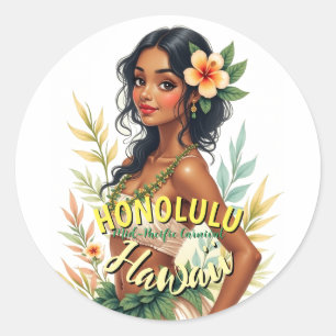 Adesivo Redondo Vintage Style Hawaii Viagem Honolulu Hula Girl