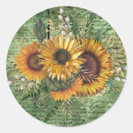 Adesivo Redondo Vintage Sunflower Buquê Ephemera Verde