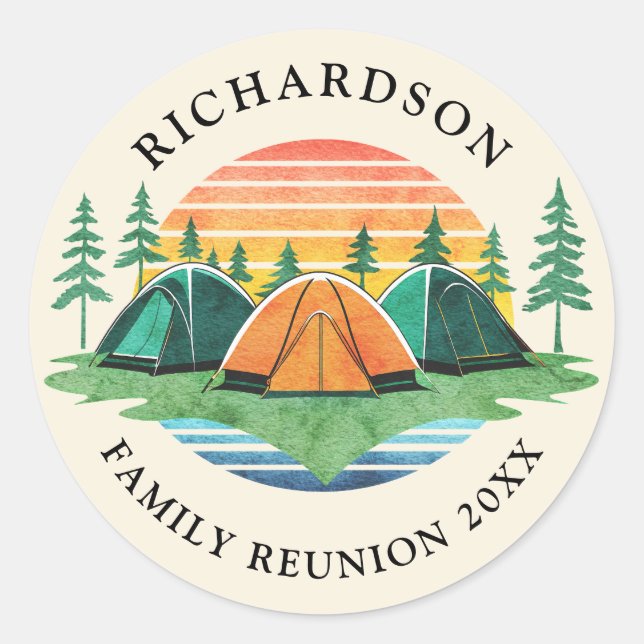 Adesivo Redondo Vintage Sunset Camping Personalizado Family Reunio (Frente)