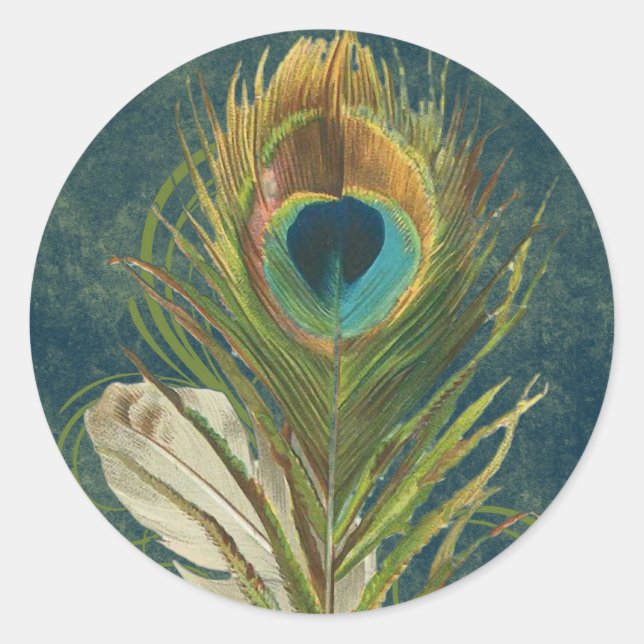 Adesivo Redondo Vintage Teal Peacock Feather (Frente)