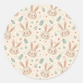 Adesivo Redondo Vintage Tiny Bunny Faces with Roses Pattern