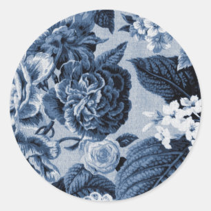 Adesivo Redondo Vintage Toile floral No.1 do azul de índigo