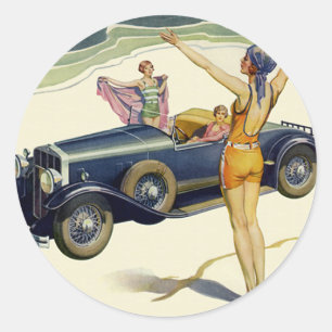 Adesivo Redondo Vintage Transportation Convertible Carro on Beach
