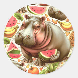 Adesivo Redondo Vintage Tropical Hippopotamus Pattern