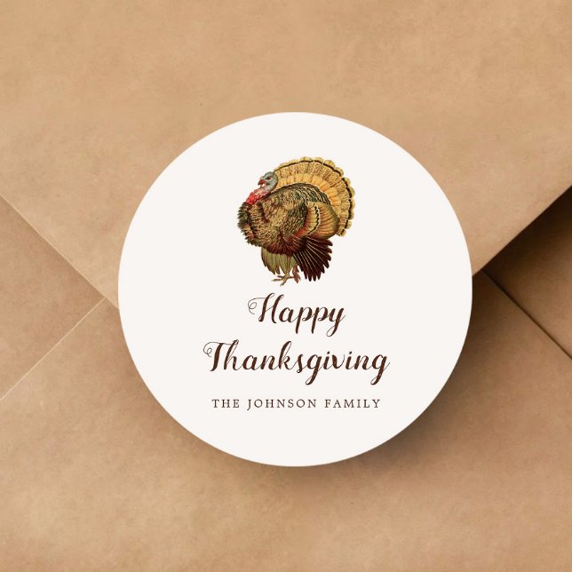 Adesivo Redondo Vintage Turkey Happy Graças (Vintage Turkey Happy Thanksgiving Classic Round Sticker)