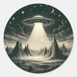 Adesivo Redondo Vintage UFO Sobre Montanhas Voando Aliens de Sauce