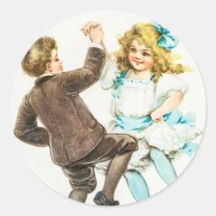 Adesivo Redondo Vintage Um Feliz Natal Garoto e Dança de Garota