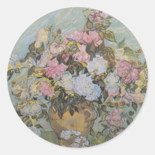 Adesivo Redondo Vintage Van Gogh Vase com Rosas Rosa