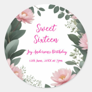 Adesivo Redondo vintage, verde-flor-rosa, eucalipto, 16.o aniversá