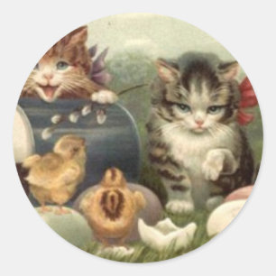 Adesivo Redondo Vintage Victorian Retro Art Cats Kittens Páscoa