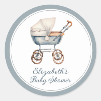 Adesivo Redondo Vintage Watercolor Blue Baby Carruagem Personaliza