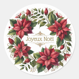 Adesivo Redondo Vintage Watercolor Poinsettias French Joyeux Noël