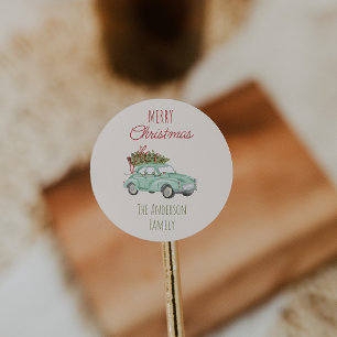 Adesivo Redondo Vintage Watercolor Red Green Car Árvore Natal