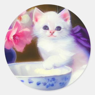 Adesivo Redondo Vintage White Kitten com Fita Roxa
