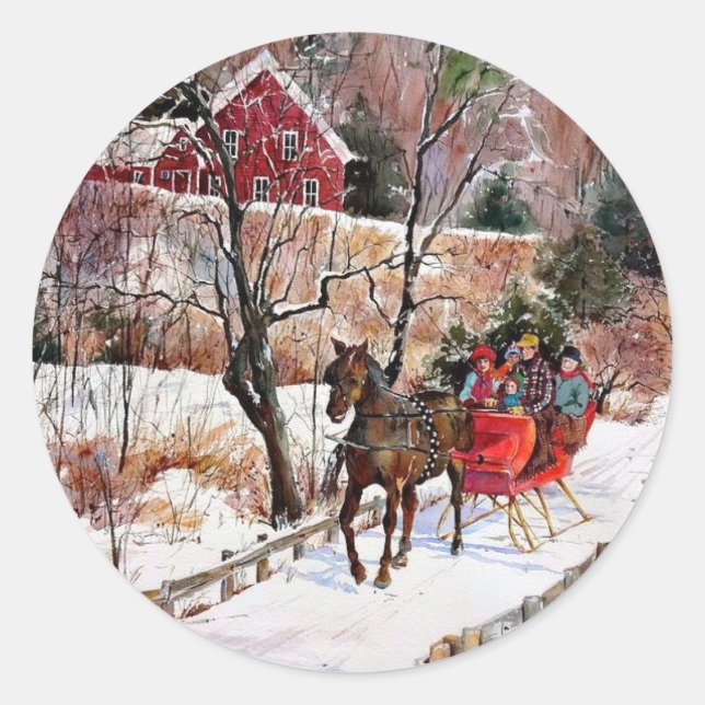 Adesivo Redondo Vintage Winter Horse and Sleigh (Frente)