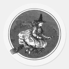Adesivo Redondo Vintage Witch On Broom Halloween