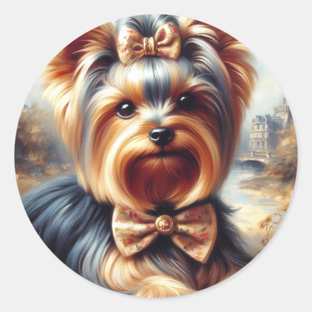 Adesivo Redondo Vintage Yorkshire Terrier Painting (Frente)