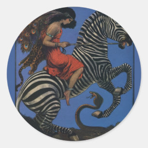 Adesivo Redondo Vintage Zebra com Art Nouveau Woman Rider