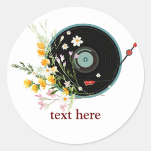 Adesivo Redondo Vinyl Record, floral, Oldies Rustic, música femini