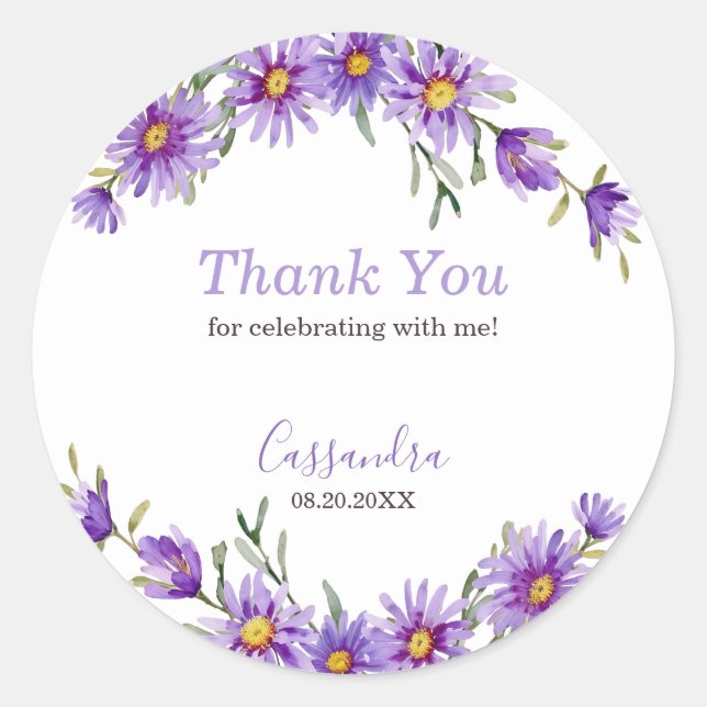 Adesivo Redondo Violet Aster Floral Birthday Obrigado (Frente)