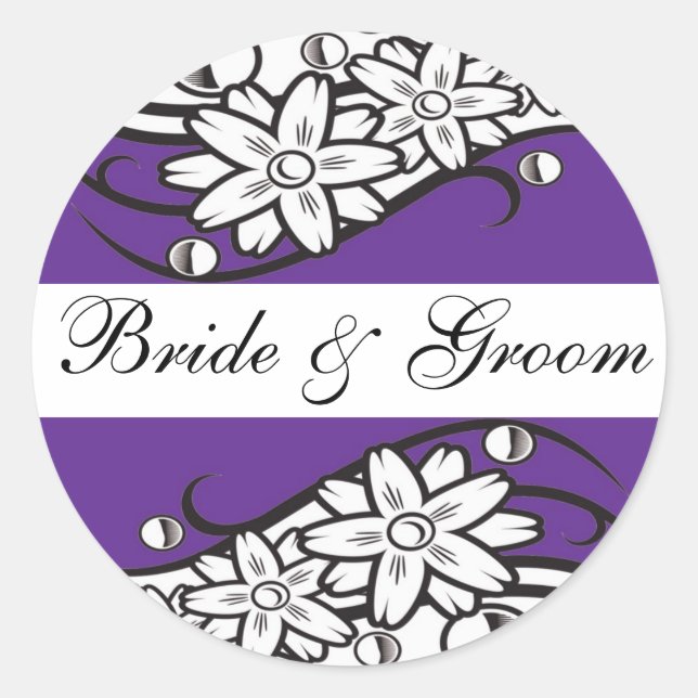 Adesivo Redondo Violet Floral Bride & Groom Envelope Seals (Frente)