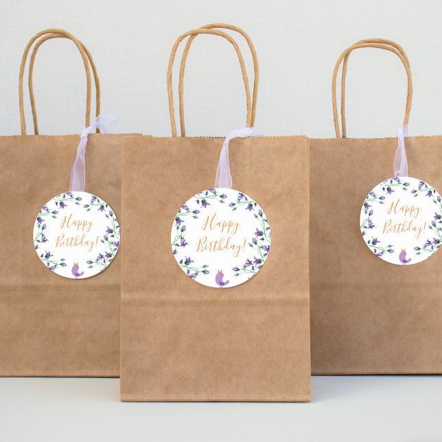 Adesivo Redondo Violet florals bluebells White feliz aniversário (Criador carregado)