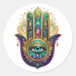 Adesivo Redondo Violet Green Gold Petals Hamsa Turquoise Third Eye