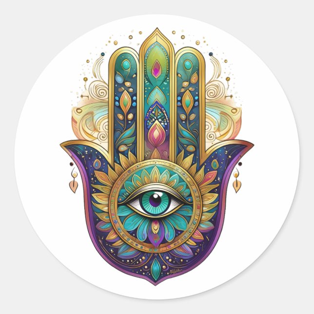 Adesivo Redondo Violet Green Gold Petals Hamsa Turquoise Third Eye (Frente)