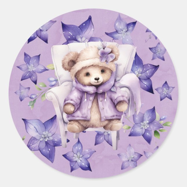 Adesivo Redondo Violet Teddy Bear Cadeira Estrelas Chá de fraldas  (Frente)
