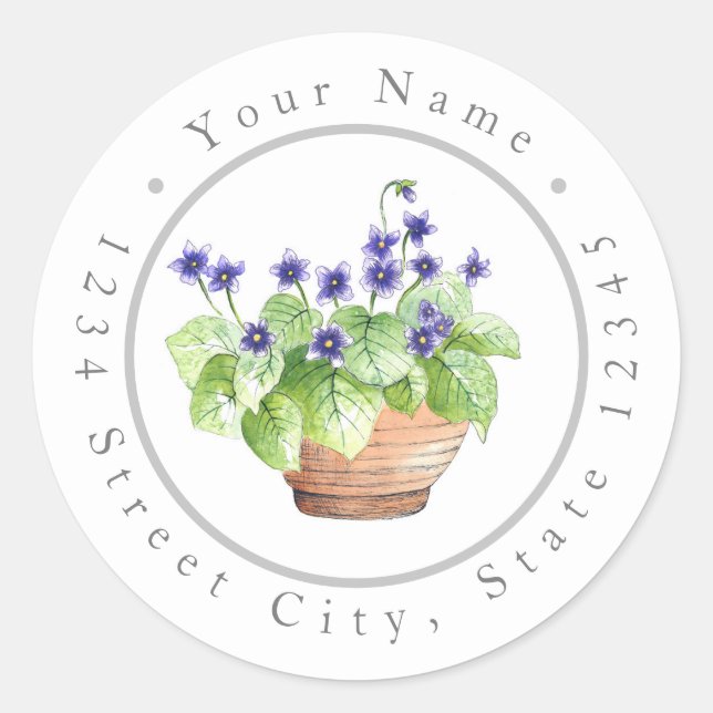 Adesivo Redondo Violetas de Aquarela Potada (Frente)